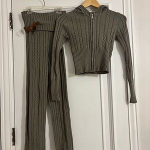 Olive Green Cable Knit Hoodie and Pants Set